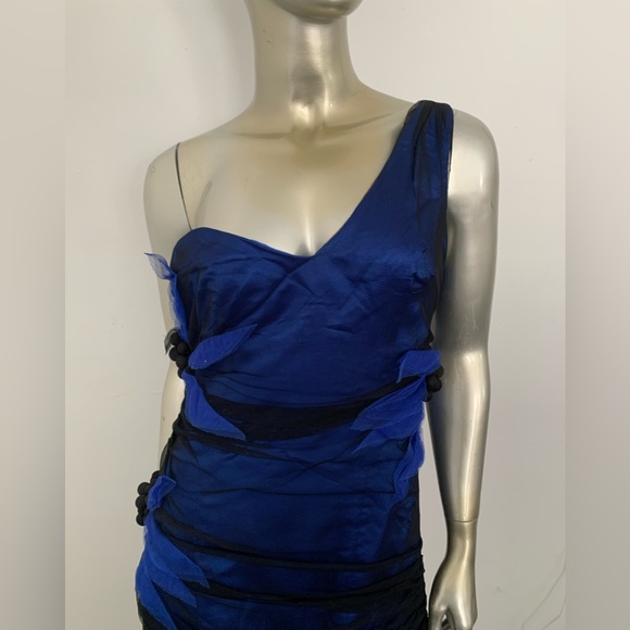 One Shoulder mesh Tulle Overlay black & blue mini Dress w flower detail size 6 - Picture 5 of 15